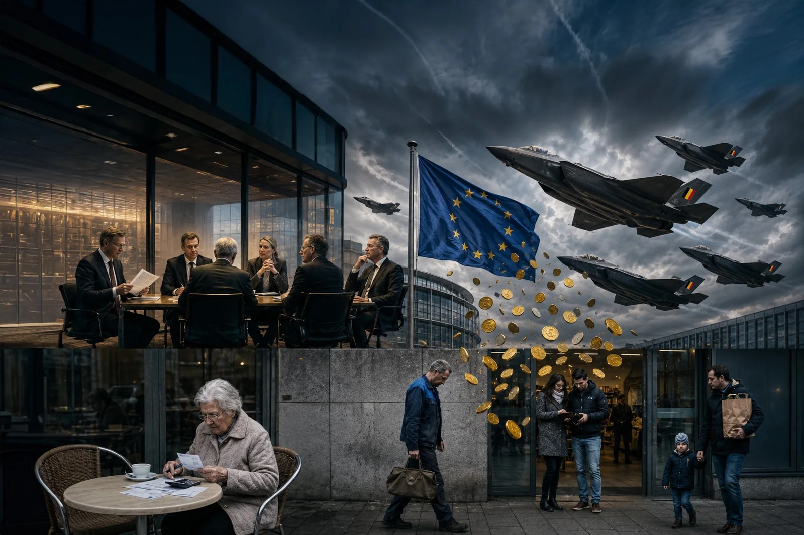 Décideurs et avions de chasse au-dessus d'institutions européennes, pluie de pièces