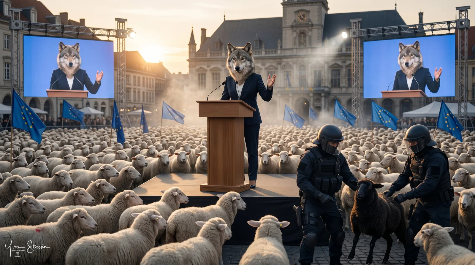 Loups en costume s'adressant à une foule de moutons