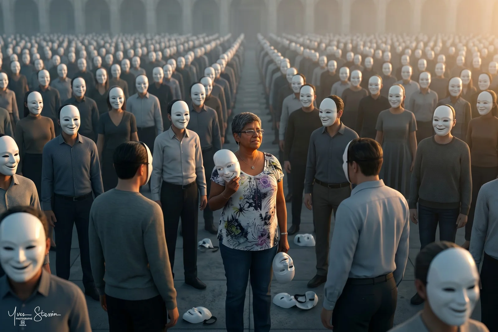 Foule de personnes masquées, une seule ôte son masque