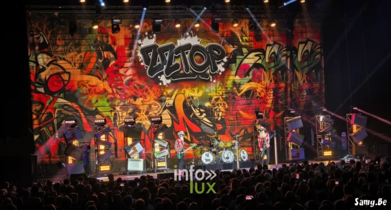 ZZ Top sur la scene de Forest National devant le decor graffiti de la tournee The Big One