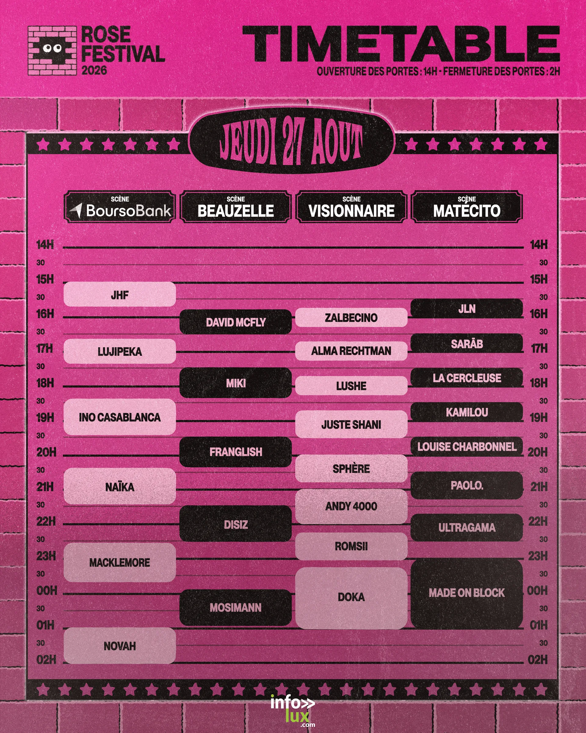 Timetable du jeudi 27 août au Rose Festival 2026