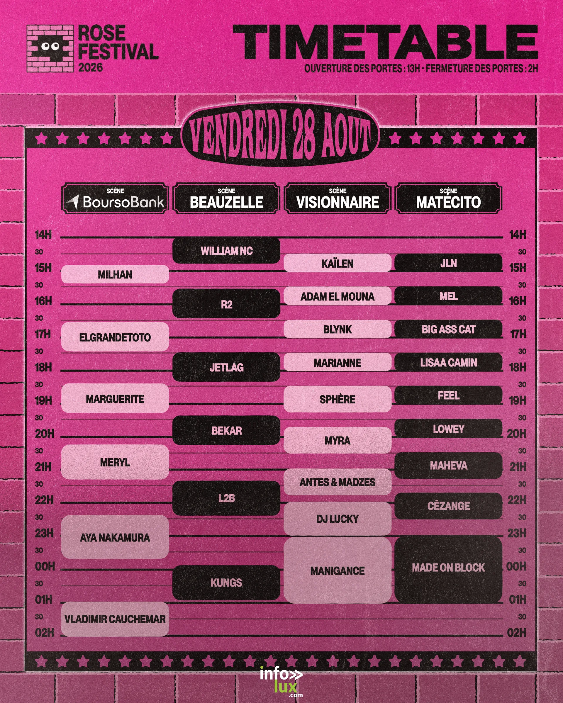 Timetable du vendredi 28 août au Rose Festival 2026