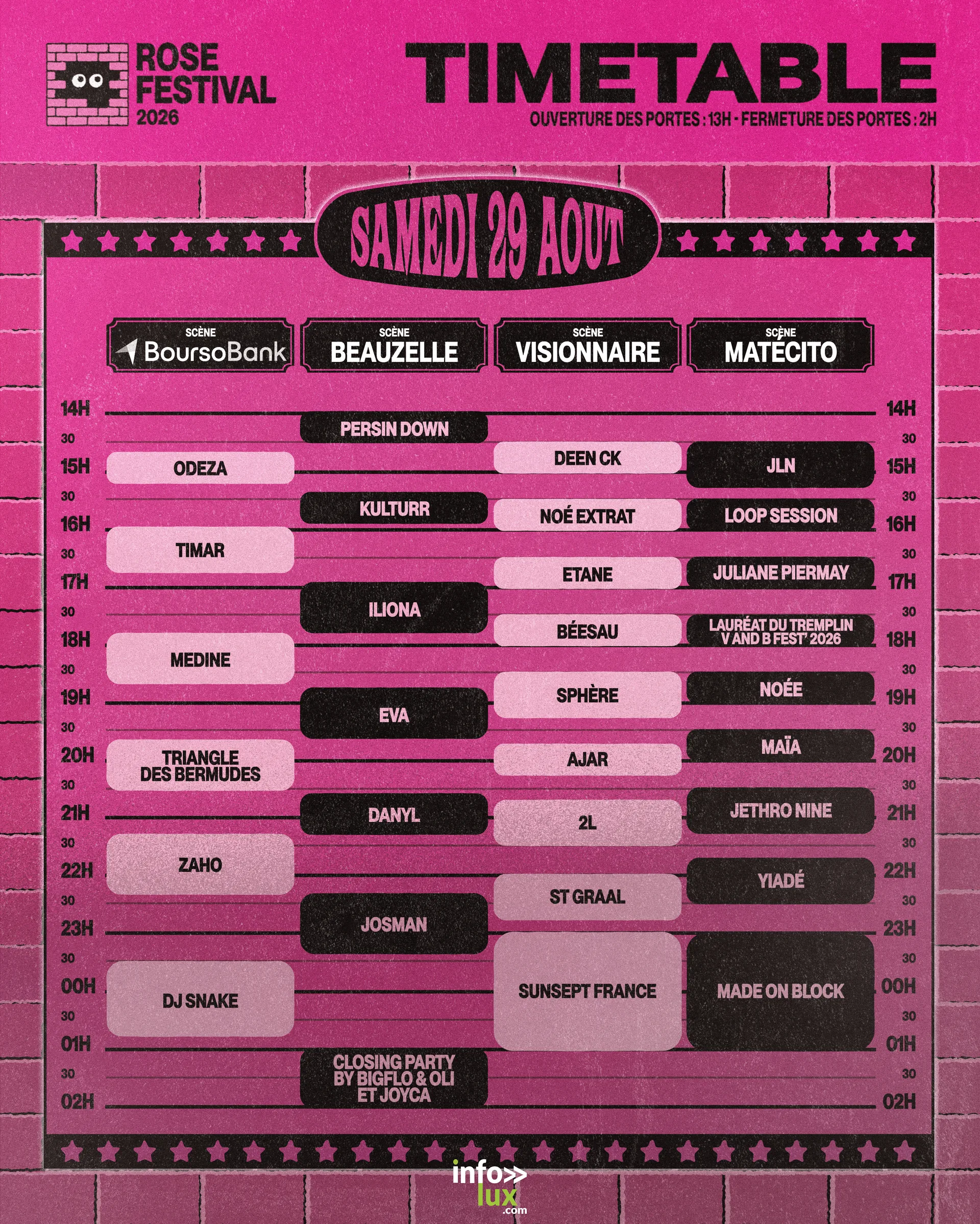 Timetable du samedi 29 août au Rose Festival 2026