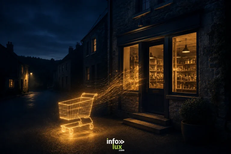 Illustration générée par IA : devant la vitrine allumée d'une épicerie de village, la nuit, un caddie dessiné en lignes de lumière ambrées flotte au-dessus du pavé et relie des filaments de données à la boutique