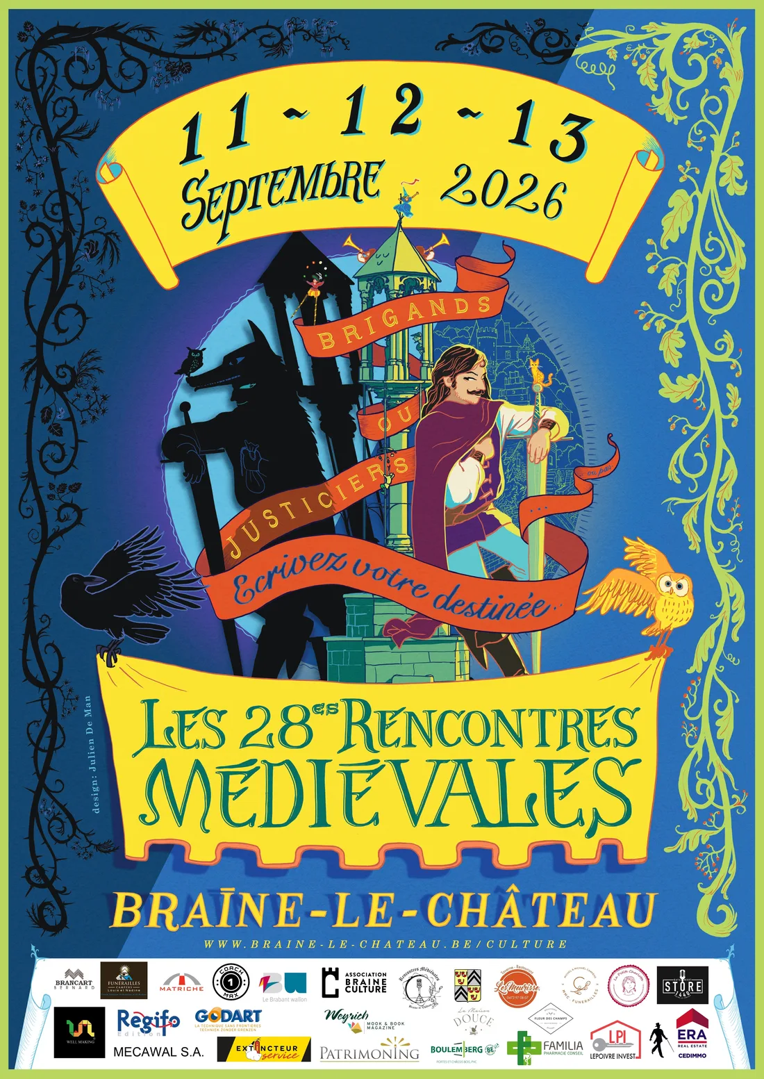 Affiche officielle des 28es Rencontres Médiévales de Braine-le-Château, 11-12-13 septembre 2026