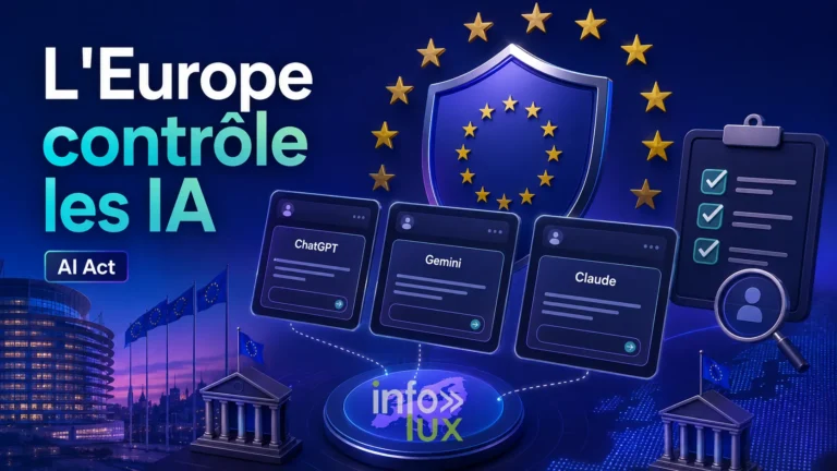 Illustration générée par IA : les interfaces de ChatGPT, Gemini et Claude placées sous un bouclier aux étoiles européennes, symbolisant le contrôle de l'AI Act