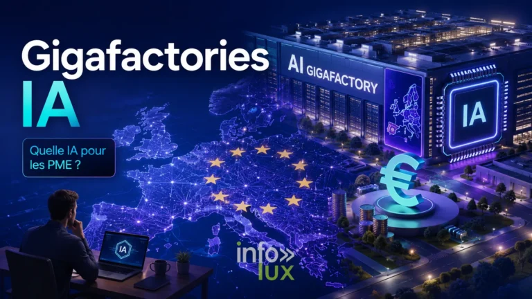 Illustration générée par IA : une gigafactory d'intelligence artificielle éclairée la nuit devant une carte de l'Europe constellée de connexions