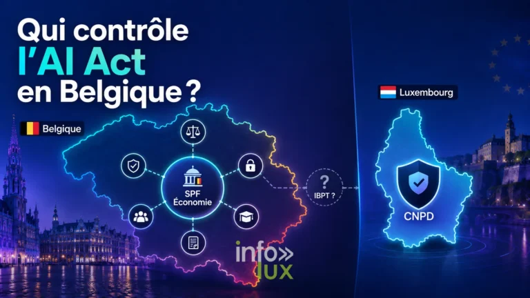 Illustration générée par IA : la carte de la Belgique avec le SPF Économie au centre et un point d'interrogation sur l'IBPT, face à la carte du Luxembourg où figure la CNPD