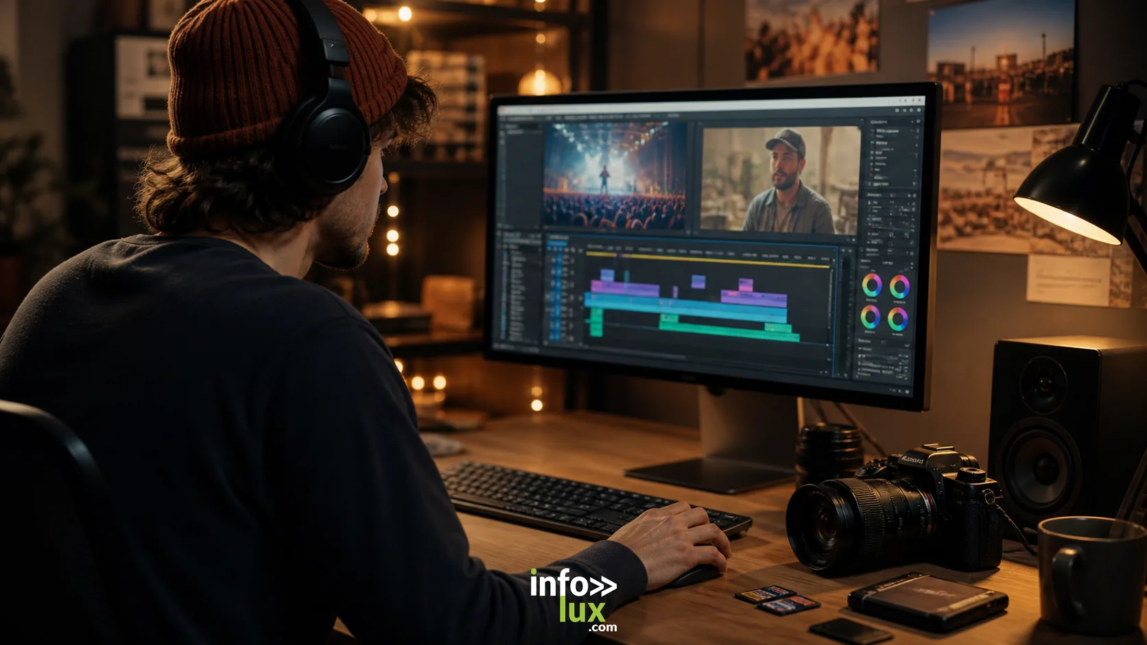 Monteur vidéo travaillant sur des images de concerts interviews et événements pour Info-Lux