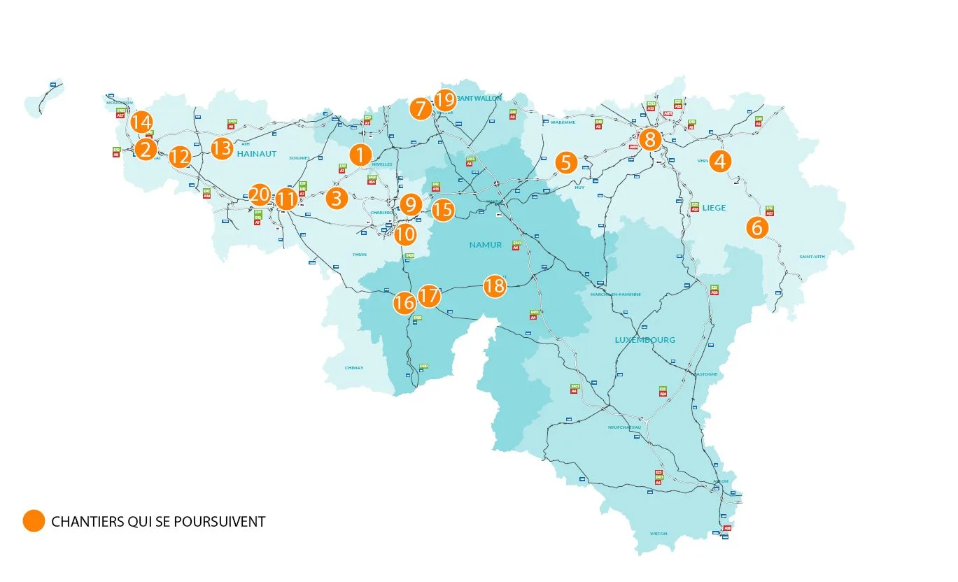 Carte de Wallonie situant les 20 chantiers autoroutiers qui se poursuivent a la rentree 2026