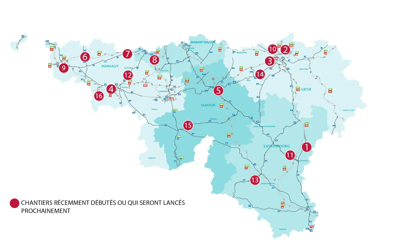 Carte de Wallonie situant les 16 chantiers autoroutiers lances a la rentree 2026