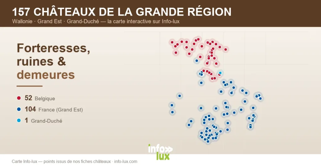 Carte des 155 châteaux de la Grande Région : Wallonie, Grand Est et Grand-Duché de Luxembourg