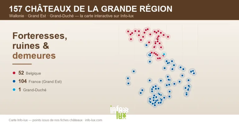 Carte des 155 châteaux de la Grande Région : Wallonie, Grand Est et Grand-Duché de Luxembourg