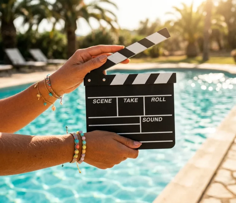 Clap de cinema tenu au bord d'une piscine, symbole de fin de cycle