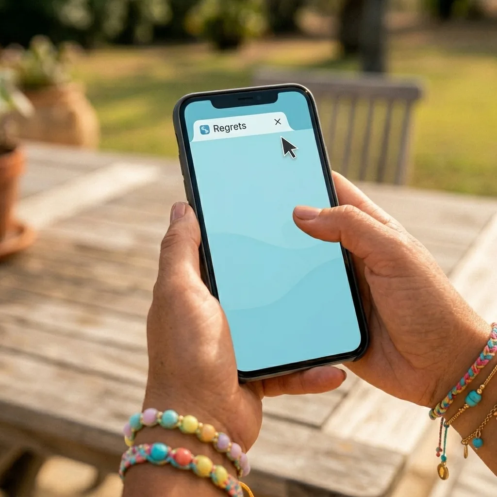 Main fermant sur un smartphone un onglet intitule « Regrets »
