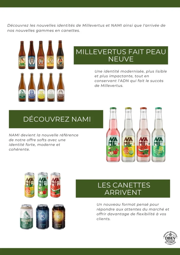 Les nouvelles gammes du Domaine Brassicole de l'Eau Vive : bieres Millevertus, limonades NAMI et canettes