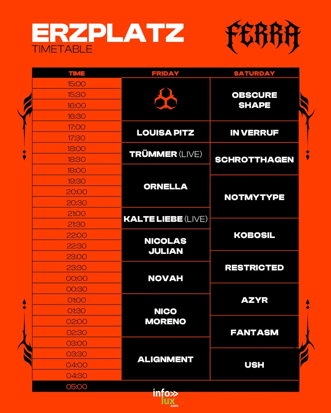 Timetable Erzplatz vendredi FERRA Festival 2026