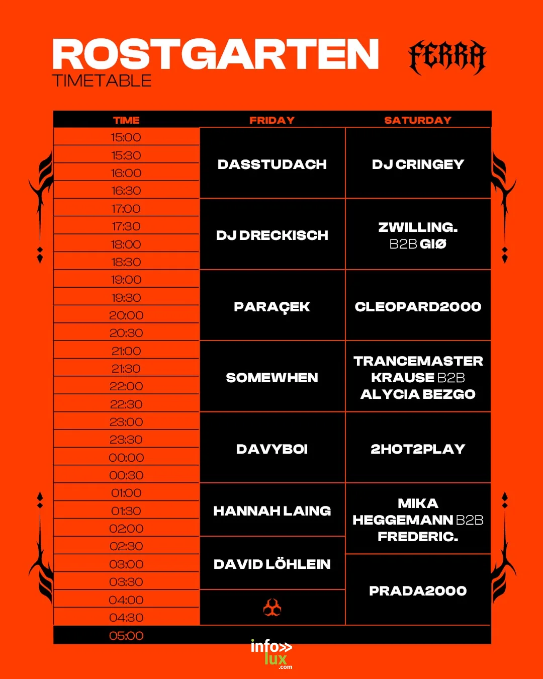 Timetable Rostgarten vendredi samedi FERRA Festival 2026