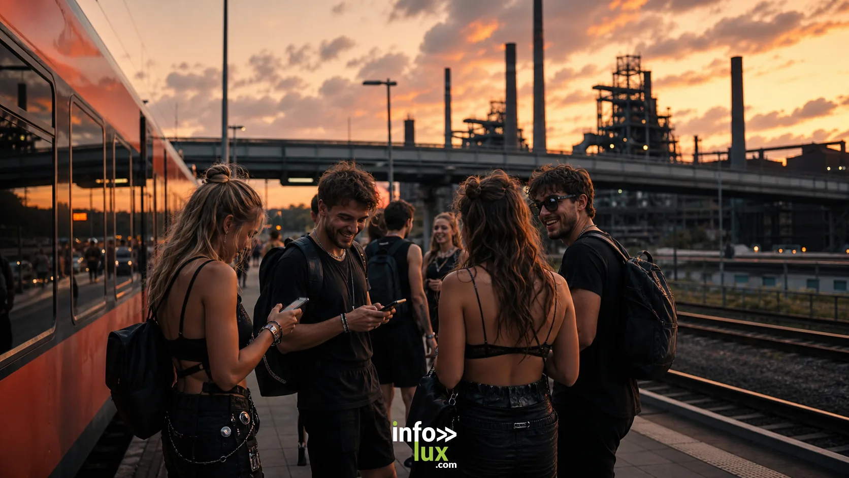 Jeunes festivaliers arrivant en train pour FERRA Festival 2026 à Völklingen depuis Strasbourg Metz Luxembourg