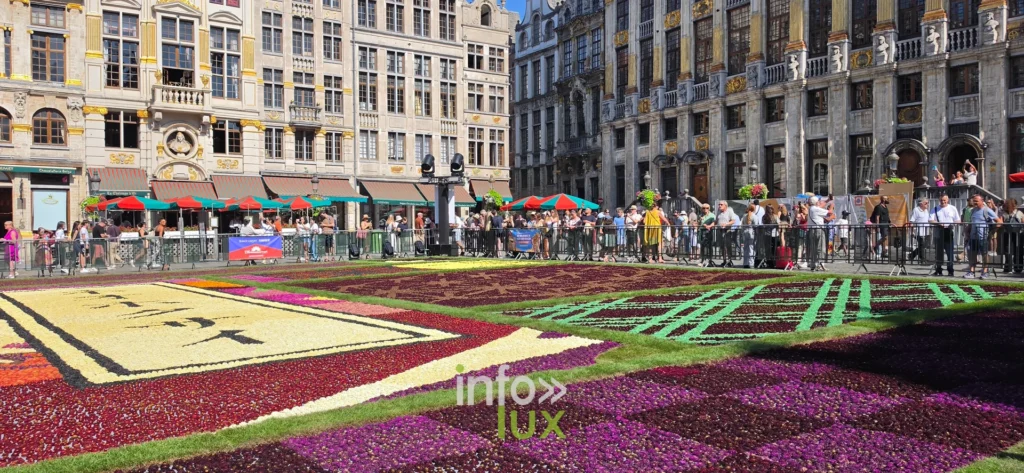 Visiteurs le long des barrières devant le Tapis de Fleurs de Bruxelles