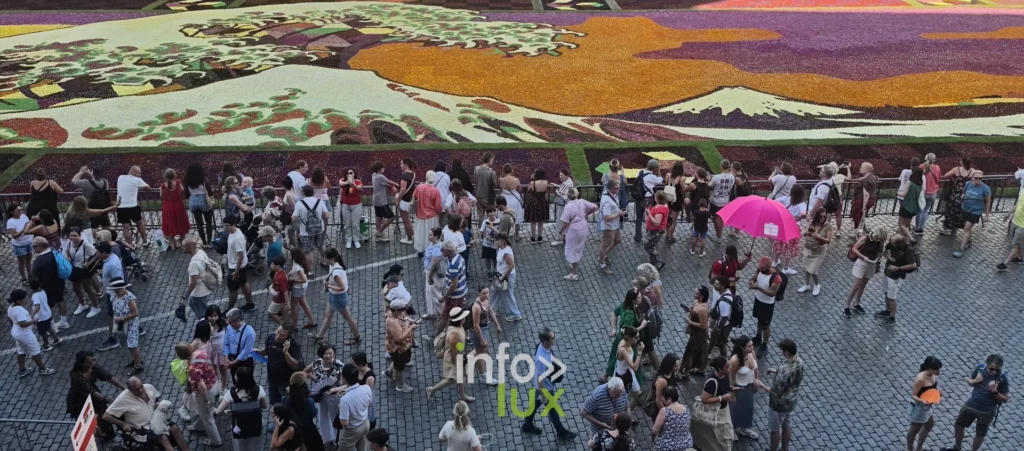 Visiteurs autour du Tapis de Fleurs de Bruxelles vus en plongée