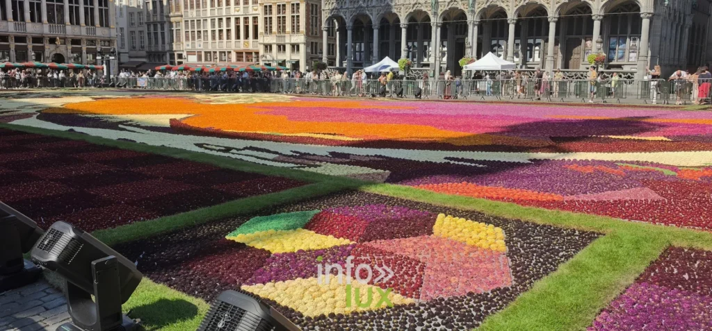 Appareil photo posé au bord du Tapis de Fleurs de la Grand-Place de Bruxelles