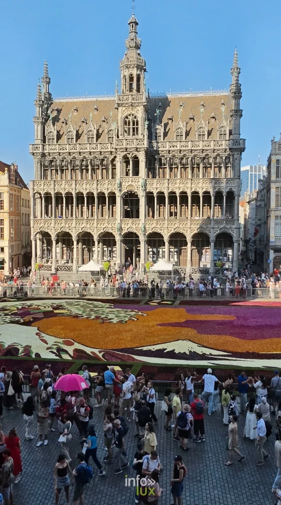 Maison du Roi, tapis de dahlias et visiteurs sur la Grand-Place de Bruxelles