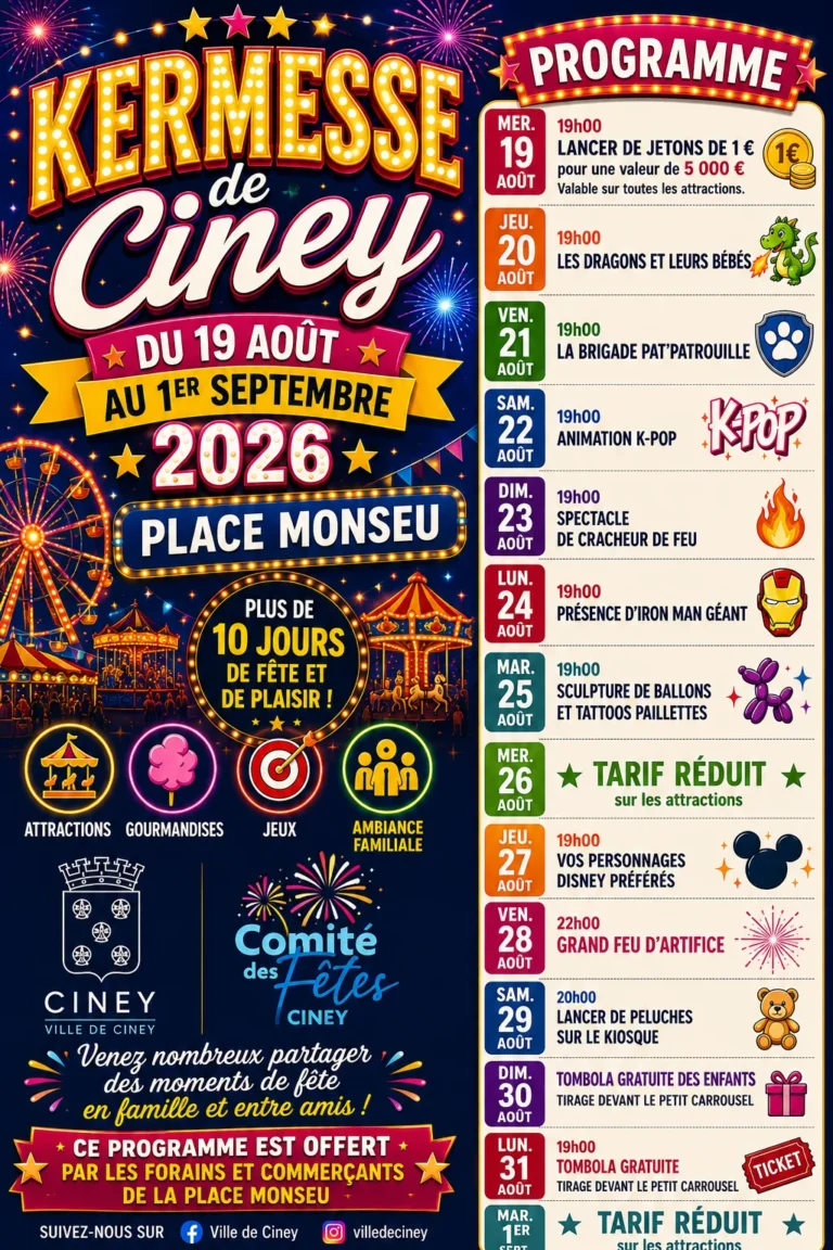 Affiche officielle de la Kermesse de Ciney 2026, Place Monseu, du 19 août au 1er septembre