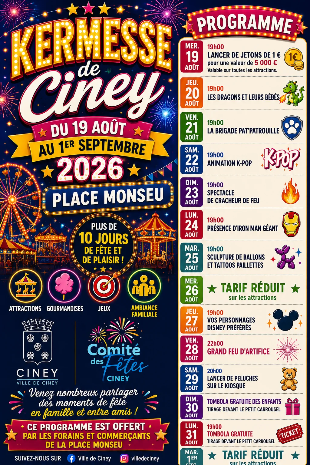 Affiche officielle de la Kermesse de Ciney 2026, Place Monseu, du 19 août au 1er septembre