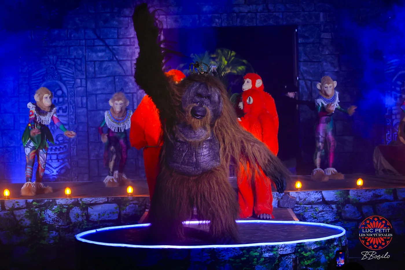Scene des singes du Livre de la Jungle sous les lumieres bleues et rouges a Beloeil