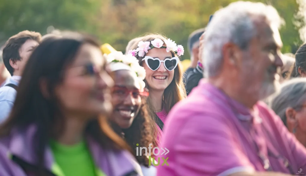 Des festivaliers souriants au premier rang, dont une jeune femme coiffée de lunettes en forme de cœur