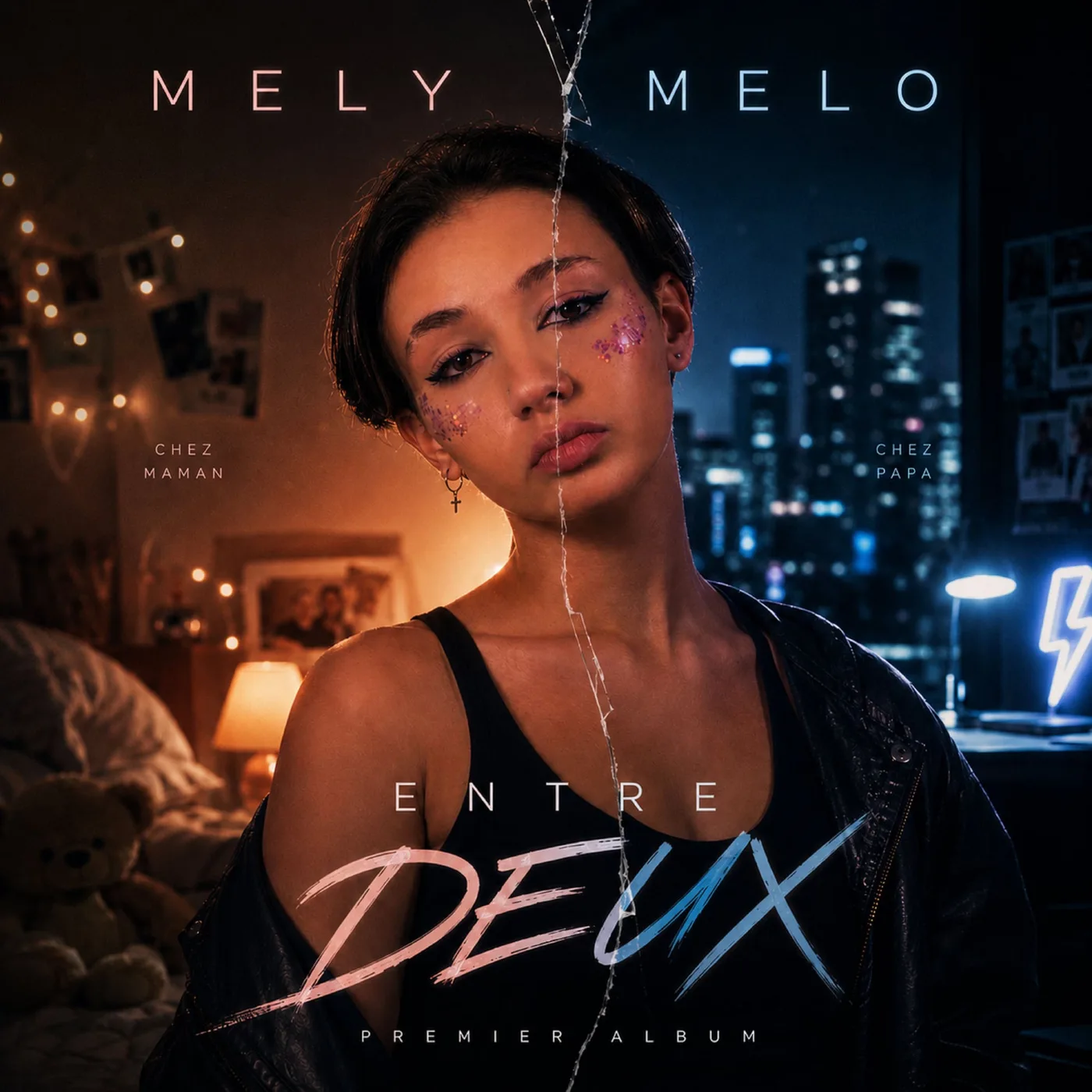 La pochette du premier album, Entre deux : d’un côté la chambre chez maman, de l’autre la ville chez papa, et une déch