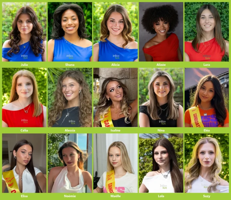 Planche des 15 candidates Miss Belgique 2027 de Wallonie et de Bruxelles, portraits individuels