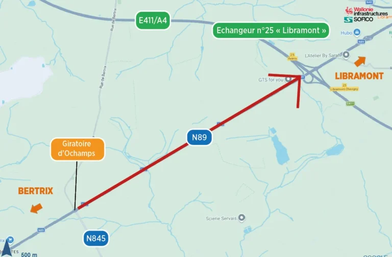 Carte des travaux de refection de la N89 entre le giratoire d'Ochamps et l'echangeur n25 Libramont