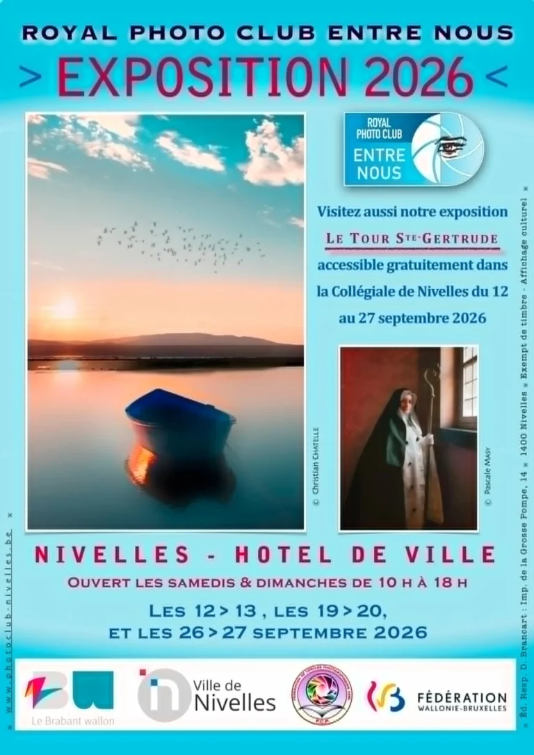 Affiche de l'Exposition 2026 du Royal Photo Club Entre Nous a l'Hotel de Ville de Nivelles, les 12-13, 19-20 et 26-27 septembre