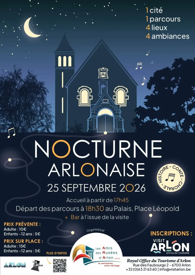 Affiche de la première Nocturne arlonaise, le 25 septembre 2026 : une cité, un parcours, quatre lieux, quatre ambiances