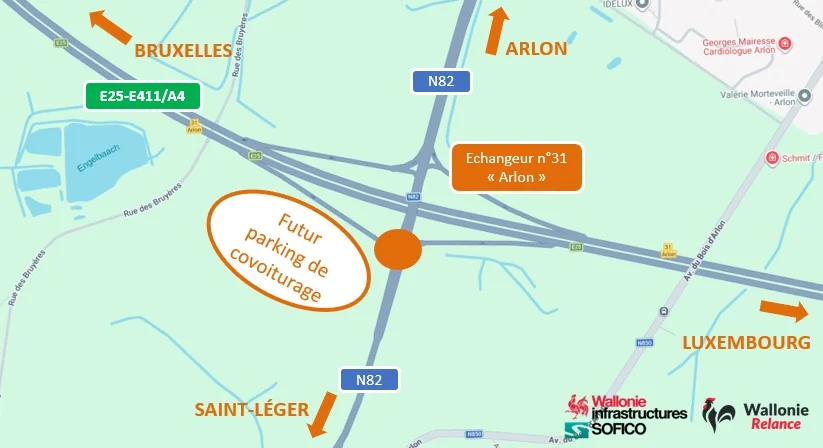 Localisation du futur parking de covoiturage - echangeur 31 Arlon Carte du futur parking de covoiturage a l'echangeur n31 Arlon, entre la N82 et l'E25-E411/A4