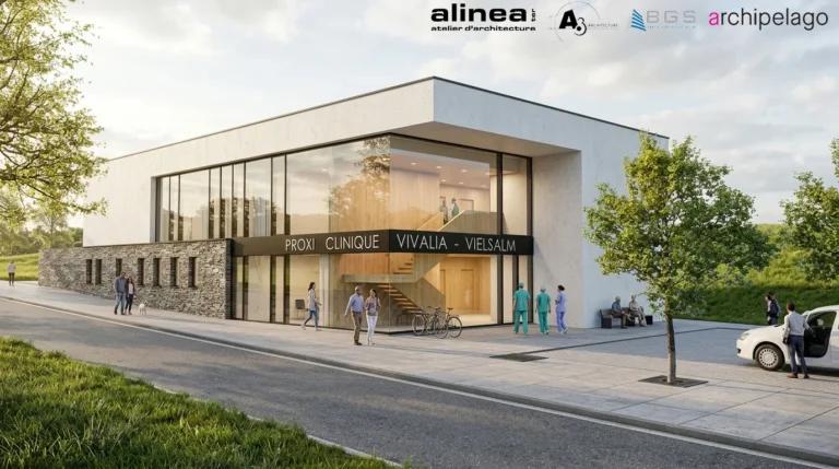 Vue d'architecte de la future proxi clinique Vivalia de Vielsalm, rue de la Bouviere, mise en service prevue en janvier 2028