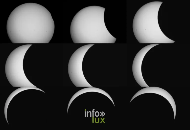 Séquence de l'éclipse partielle de Soleil du 12 août 2026 en neuf phases, du disque complet au fin croissant