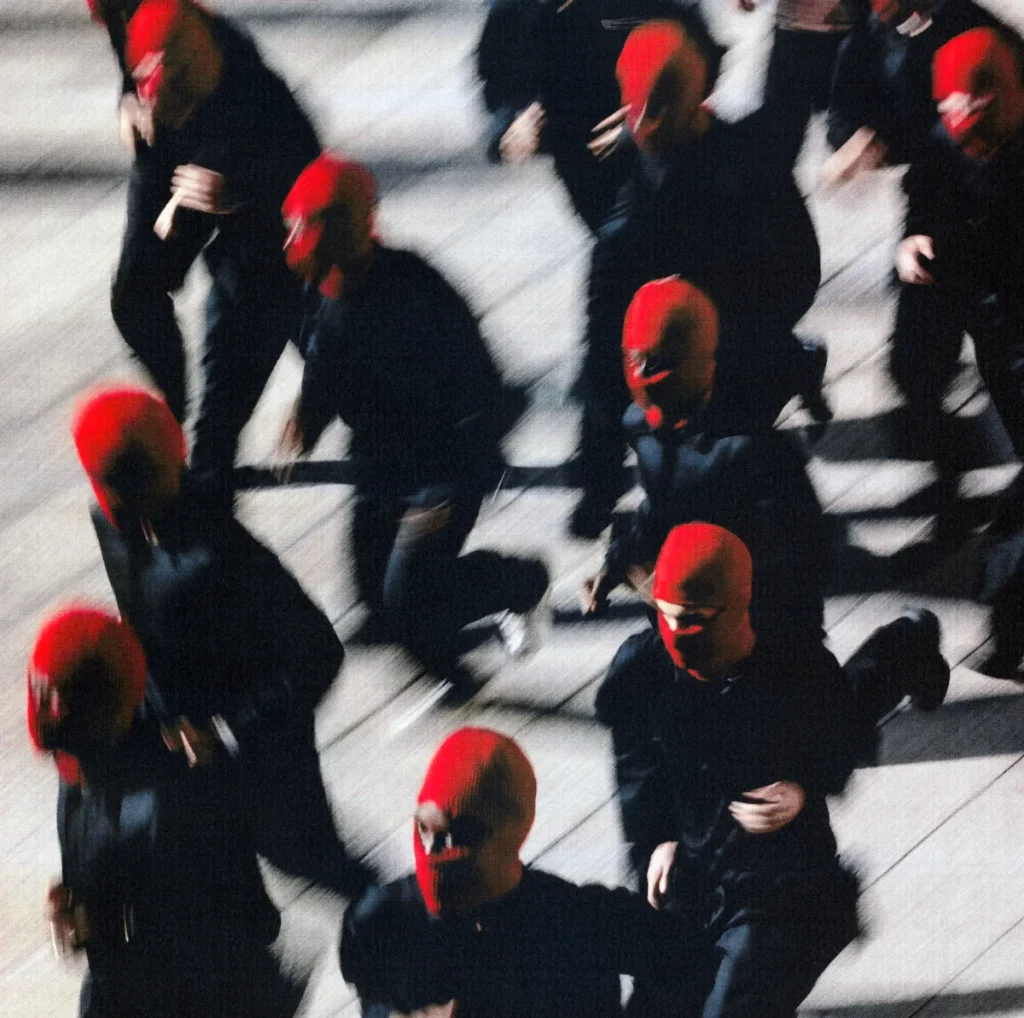 Visuel de l’album « Love & Anxiety » de Skip the Use : une foule en noir, cagoules rouges, vue de dessus