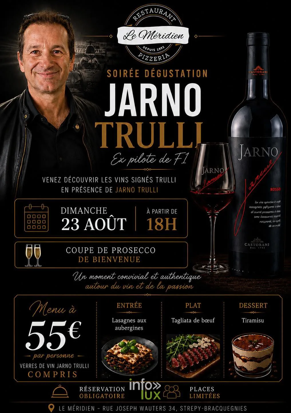 L'affiche de la soirée dégustation au restaurant Le Méridien — Soirée dégustation des vins Jarno Trulli au restaurant Le Méridien, Strépy-Bracquegnies, le 23 août 2026