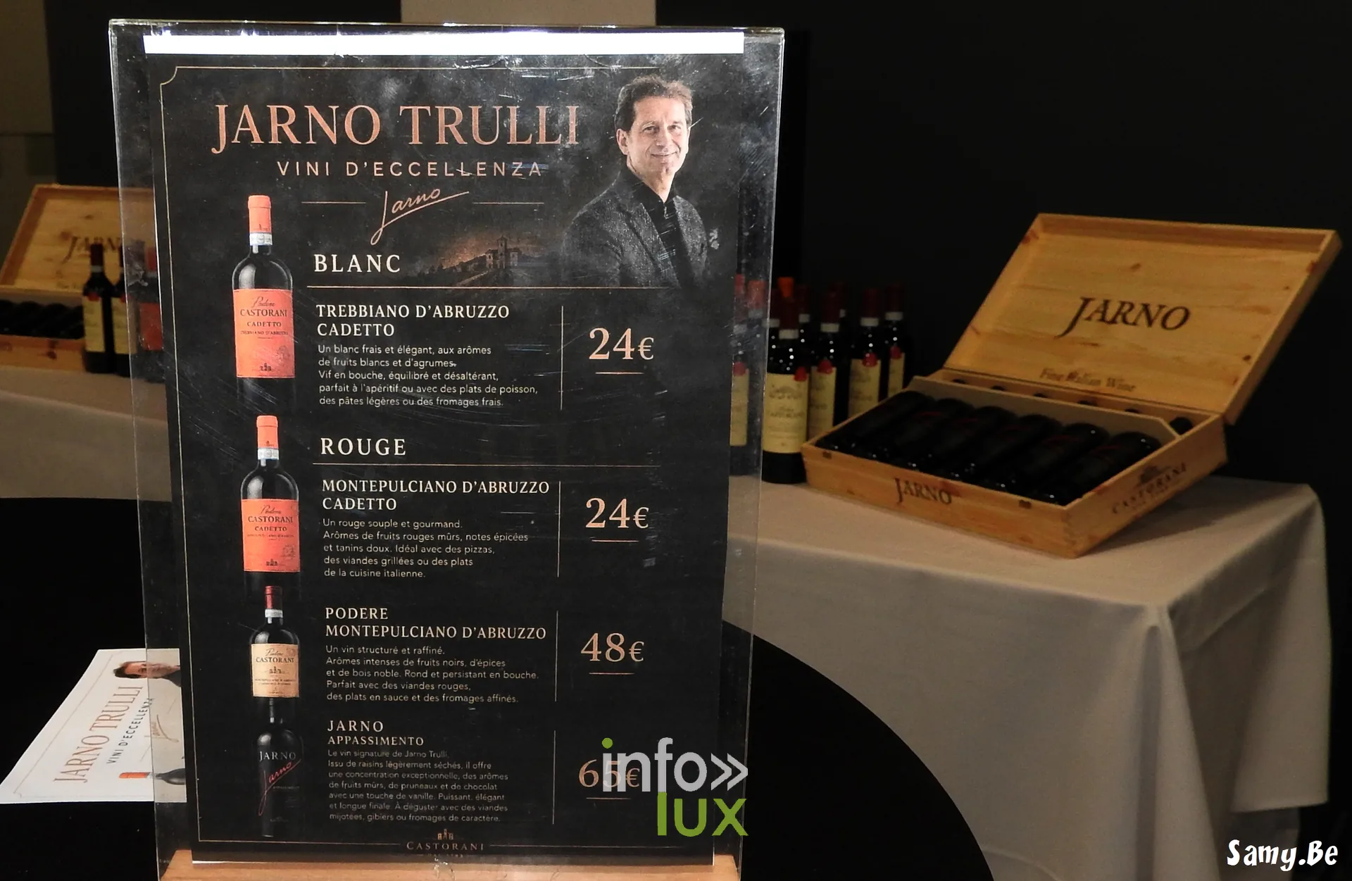 La carte des quatre vins proposés à la dégustation — Soirée dégustation des vins Jarno Trulli au restaurant Le Méridien, Strépy-Bracquegnies, le 23 août 2026
