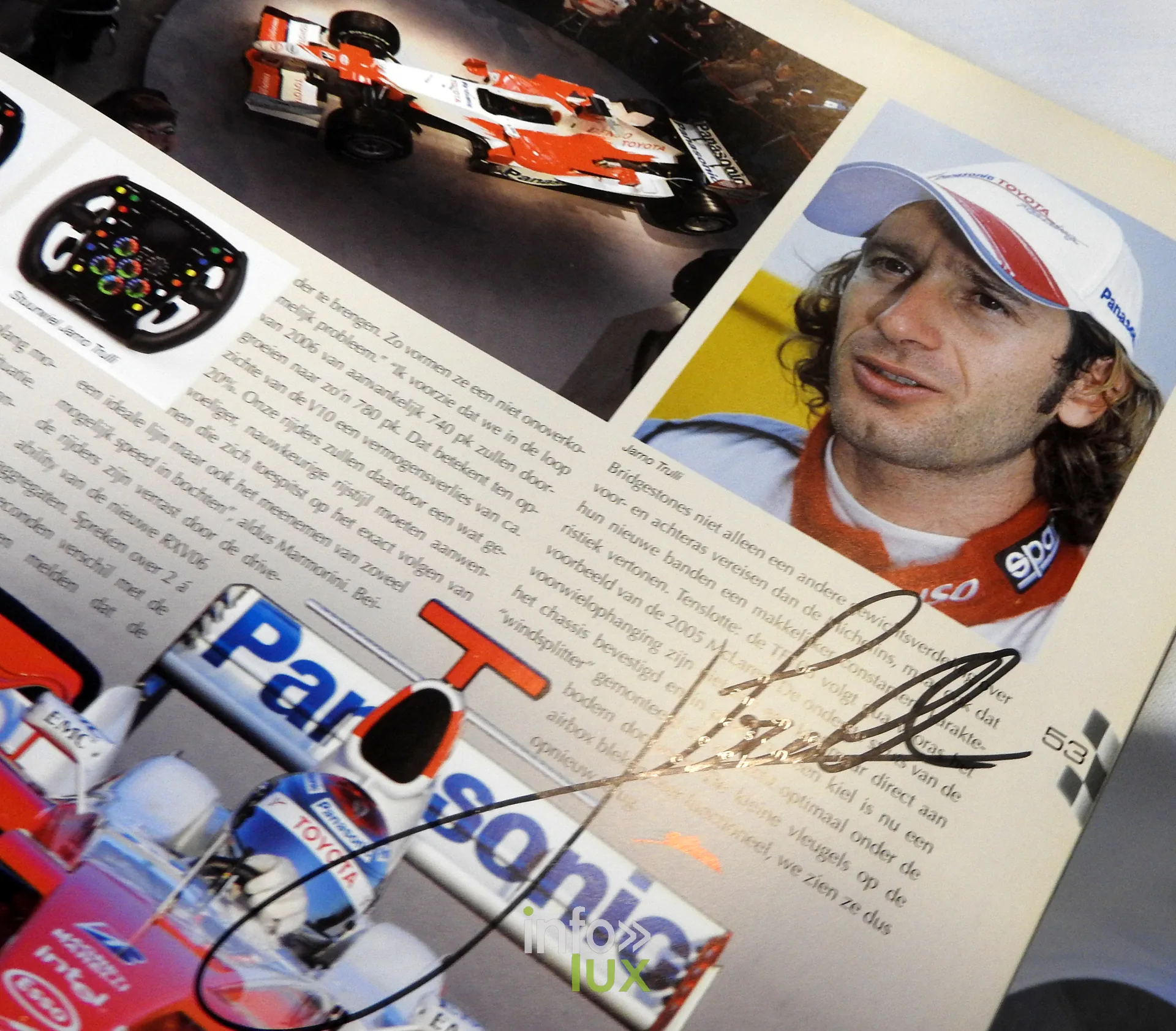 Un magazine de Formule 1 dédicacé par le pilote — Soirée dégustation des vins Jarno Trulli au restaurant Le Méridien, Strépy-Bracquegnies, le 23 août 2026
