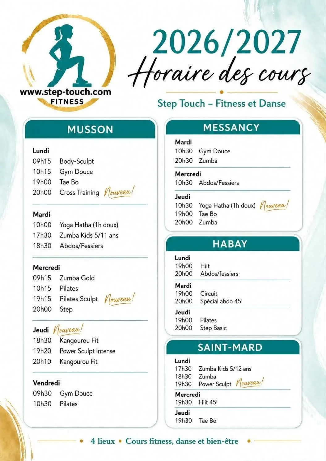 L’horaire 2026-2027 des quatre salles Step Touch. © Step Touch