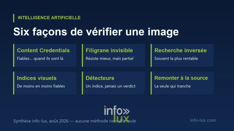 Infographie : six façons de vérifier une image — Content Credentials, filigrane invisible, recherche inversée, indices visuels, détecteurs automatiques et retour à la source