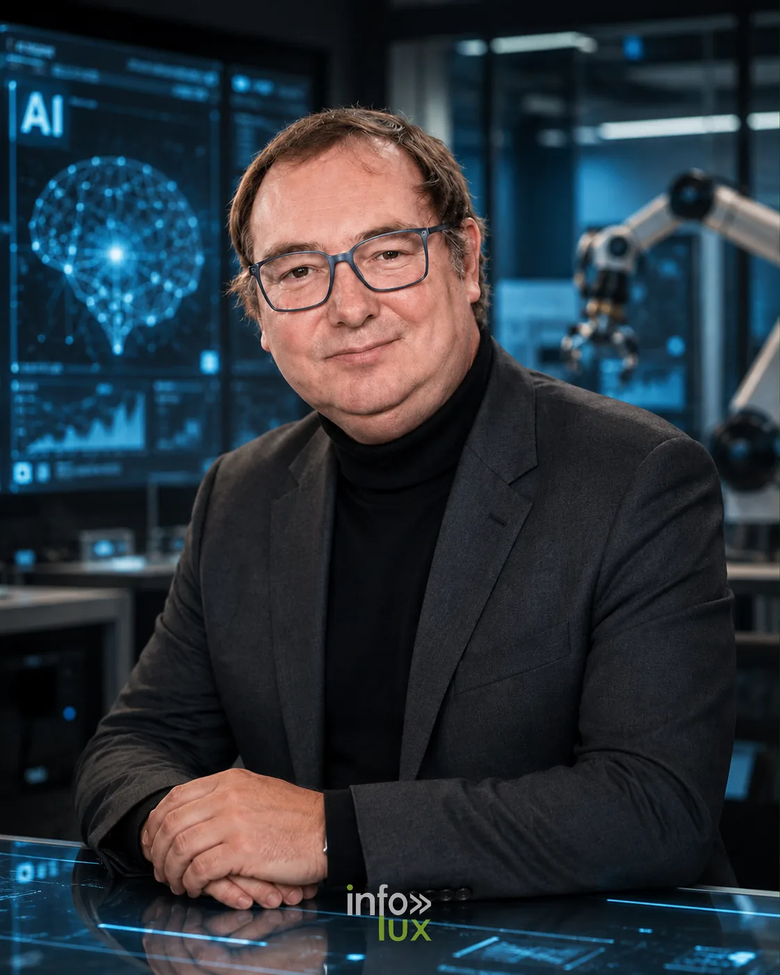 Illustration générée par IA : Vincent Gallez, expert en visibilité dans les intelligences artificielles, en studio devant des écrans d'analyse de données