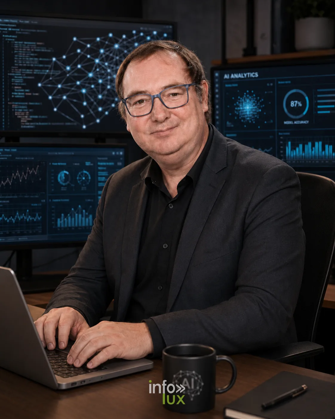 Illustration générée par IA : Vincent Gallez, expert en visibilité dans les intelligences artificielles, travaillant sur un ordinateur portable devant des tableaux de bord