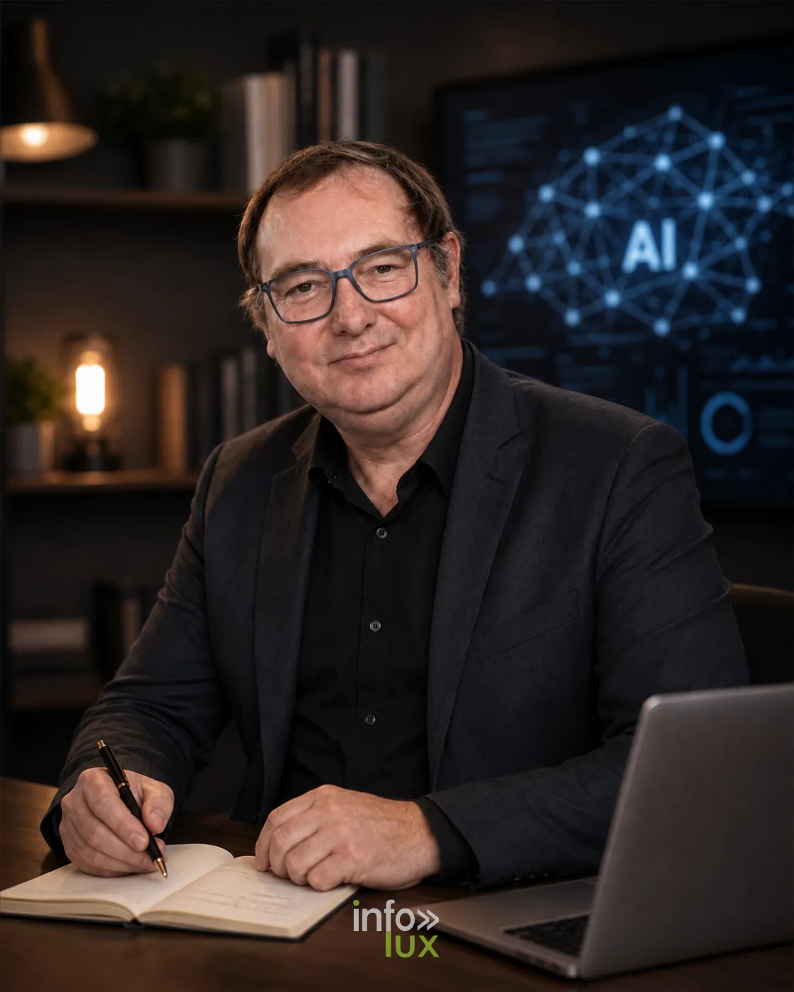 Illustration générée par IA : Vincent Gallez, expert en visibilité dans les intelligences artificielles, prenant des notes à côté d'un ordinateur portable