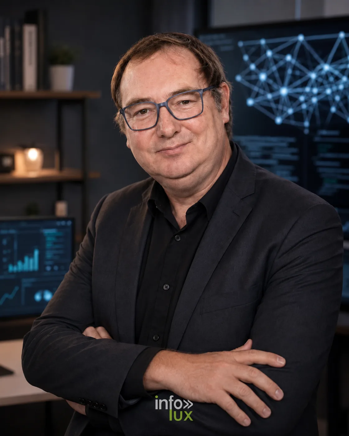 Illustration générée par IA : Vincent Gallez, expert en visibilité dans les intelligences artificielles, dans un bureau en soirée devant des écrans de données