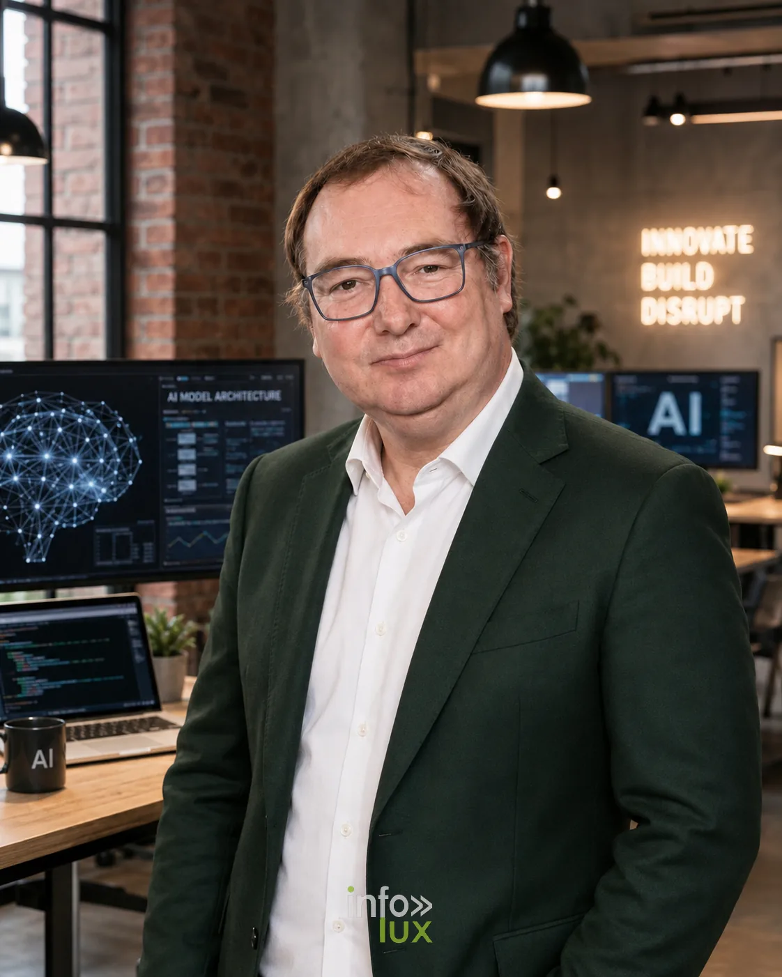 Illustration générée par IA : Vincent Gallez, expert en visibilité dans les intelligences artificielles, dans un espace de travail collaboratif